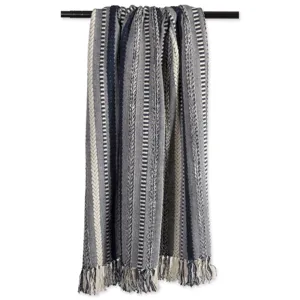 Détail de couverture jacquard tissée, motif rayé bleu et blanc, élégante finition à franges.