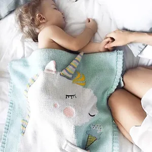 Süße Einhorn gestrickte Babydecke weiche Baumwolle Kleinkind Bettwäsche Krabbeldecke