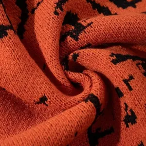 Cardigan Maglione in Maglia Jacquard Zucca Fantasma Arancione di Halloween da Donna Scollo a V Manica Lunga Sciarpa Mantello Capispalla da Festa