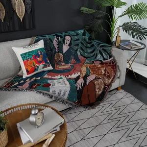 Kouverta sofa apo vamvaki me styl zografikis ladioy Matisse kallitechniko tapistri gia saloni