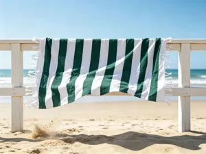 Telo mare turco a righe verde e bianco con frange, cotone morbido per viaggi estivi all'aperto.