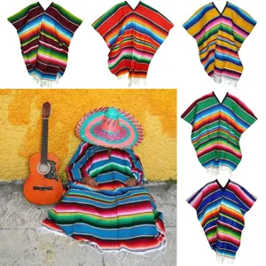 Mexican traditional colorful striped poncho cape bohemian style fringe party festival blanket cloth