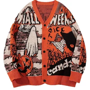 Halloween Zucca Fantasma Cardigan in Maglia Scollo V Maglione Arancione Capospalla