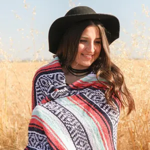 Mexican style geometric woven blanket, vibrant striped design for outdoor picnic or yoga mats.