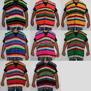 Mexican traditional striped poncho cloak with fringe, colorful pullover variant showcase.