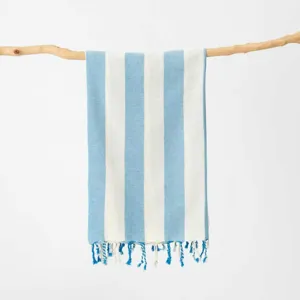 Dettaglio in primo piano dell'asciugamano da spiaggia turco a righe blu e bianche.