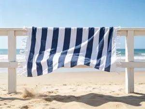 Dettaglio di telo mare turco a righe blu e bianche con frange appeso alla staccionata.