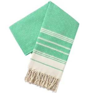 Gedetailleerd shot van de groene ruit geweven Turkse strandhanddoek met mooie kwastjes.