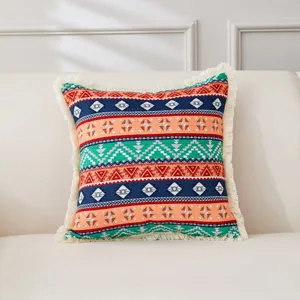 Amerikanischer Landhausstil Baumwolle Leinen Kissenbezug, geometrisches Jacquard Sofakissen.