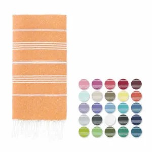 Turkish beach towel woven striped cotton blanket with decorative tassels and multi-color options.