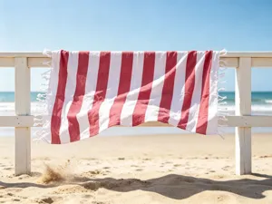 Telo mare a righe rosse e bianche con dettagli di nappe, perfetto per la spiaggia.