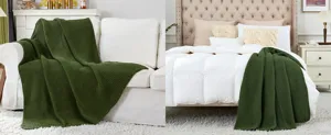 Donkergroene gebreide dekens detailweergave met zachte acrylen textuur voor bank en bed.