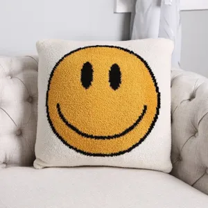 Soft knitted plush throw pillow cover featuring yellow smiley face design for living room sofa