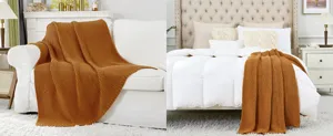 Karamel gebreide deken detail met gezellige zachte textuur op bank en bed opstelling.
