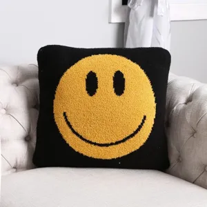 Knit jacquard smiley face throw pillow detail, soft half-velvet cushion cover for sofa.
