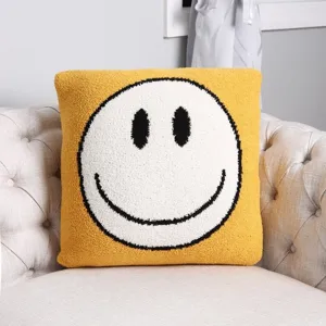 Yellow tufted smiley face throw pillow cover, soft knitted jacquard cushion for sofa.