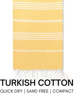 Turkish cotton beach towel with yellow stripes and fringe. Quick dry, sand free, compact.