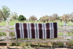 Detail view of Mexican geometric striped blanket, ideal for outdoor picnic, yoga or beach use.