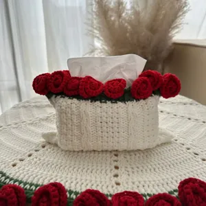 Handmade Knitted Acrylic Rose Flower Tissue Box Cover Pastoral Style Desktop Storage Tissue Bag Home Decor Gift