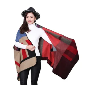 Damen Herbst Winter Kunstkaschmir Karo Schal Cape mit Ärmeln warmer Freizeitmantel