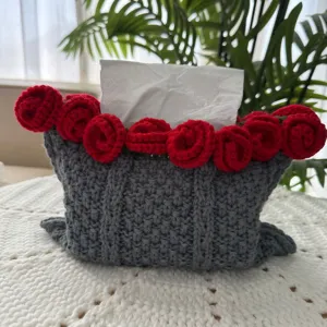 Handmade crochet tissue box cover with red roses, acrylic yarn cute home decor tissue holder.