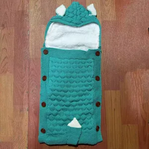 Knitted baby sleeping bag with cute hood, double layer warm anti kick swaddle blanket for infants.