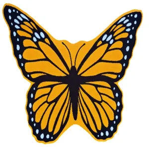 Monarch butterfly shaped tufted floor rug, vibrant orange and black home decor carpet.