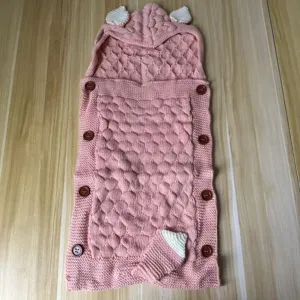 Cozy baby knitted sleeping bag with cute hood and ears, soft anti-kick blanket for infants.