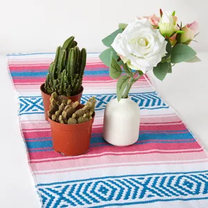 Dettaglio di un vivace runner da tavolo a righe in stile messicano con cactus in vaso.