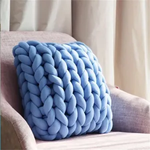 Blue chunky knit pillow for sofa decoration, soft cozy woven cushion for living room.