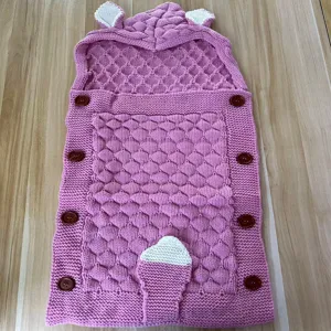 Knit baby sleeping bag with cute ears, warm double layer anti-kick swaddle blanket for infants.