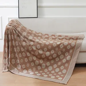 Brown jacquard blanket throw for living room couch, soft breathable air conditioning quilt.