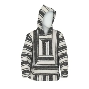 Sweat à capuche mexicain Baja classique en tissu rayé noir et blanc avec poche avant et capuche.