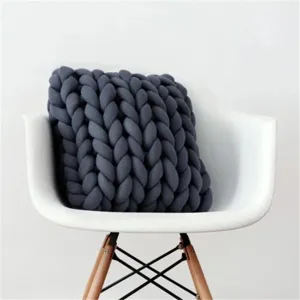 Dark grey chunky knit throw pillow, Nordic style woven cushion for sofa and home decor.