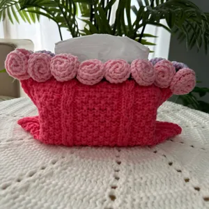 Handcrafted crochet pink tissue box cover with cute rose flower decor for home decor