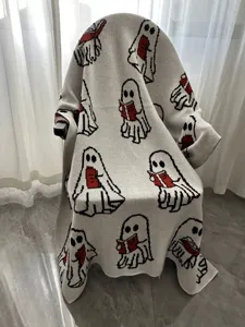 Knitted ghost reading book throw blanket cozy retro spooky couch cover holiday gift home decor