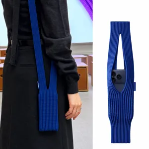 Long knit phone bag crossbody pouch blue stylish accessory mobile holder strap for women