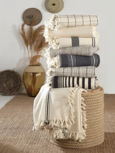 Bohemian woven cotton throw blanket with fringe, black and white striped decorative blanket.