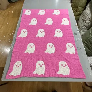 Pink cute ghost fleece throw blanket soft knitted jacquard blanket for home decor