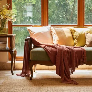 Cozy knit throw blanket detail in warm living room setup with natural window light and pillows.