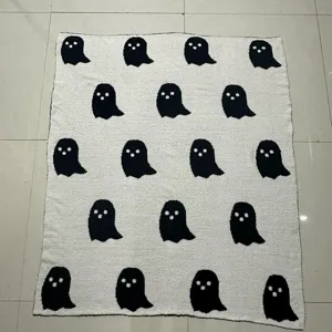 Black and white ghost patterned knitted jacquard fleece blanket, cozy soft throw blanket for bed.