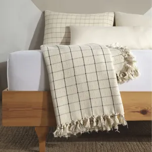 Plaid woven cotton blanket with tassels, comfortable autumn winter warm cozy throw blanket for bed.
