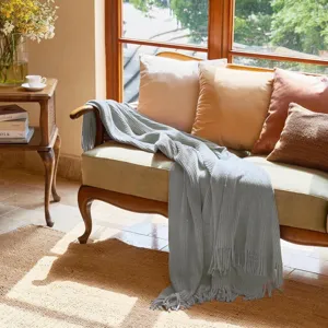 Light blue knitted throw blanket for sofa cozy home decor soft fringe design living room
