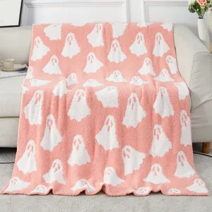 Pink ghost knit throw blanket soft cozy plush fleece blanket for couch and bed decor