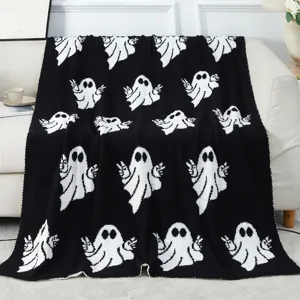 Cute ghost knit throw blanket black and white Halloween cozy soft fleece blanket for sofa bed