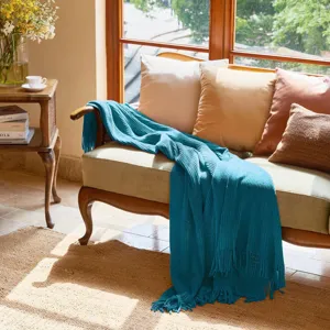 Cozy knitted throw blanket detail in a warm living room setting, ideal for sofa and bed.