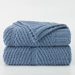 Soft blue knitted throw blanket, cozy chenille blanket for sofa bed, warm office nap blanket.