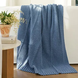 Blue knitted throw blanket for couch sofa soft cozy bedroom living room diagonal striped design