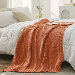 Cozy knitted throw blanket with diagonal stripes for sofa, bed, and office naps. Soft decor.