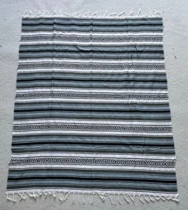 Detailed shot of a woven geometric pattern fringe blanket, showcasing classic stripe design.